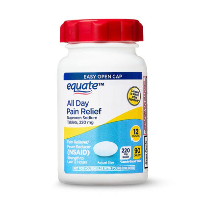 Equate All Day Pain Relief Naproxen Sodium Caplets, 220 mg, 90 Count, Easy Open Cap, Compare to Aleve Active Ingredient