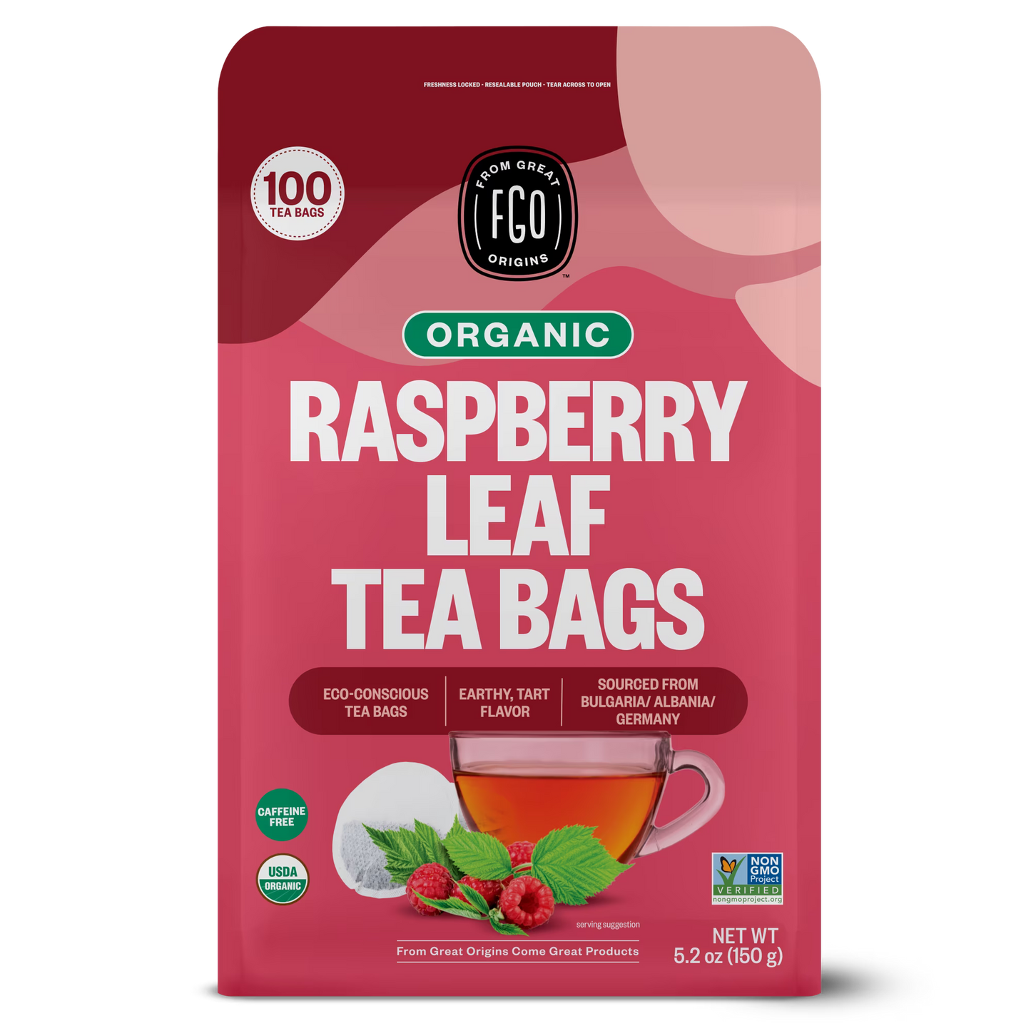 FGO Raspberry Leaf Tea, Organic, Eco-Conscious Tea Bags (100 Count)