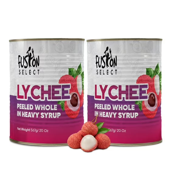 Fusion Select 2 Packs Canned Lychees in Syrup - Ready to Serve Canned Lychee Fruit - Peeled Whole in Heavy Syrup - For Bubble Tea, Boba Topping, Desserts, Garnishes, Fruit Salad - 20oz