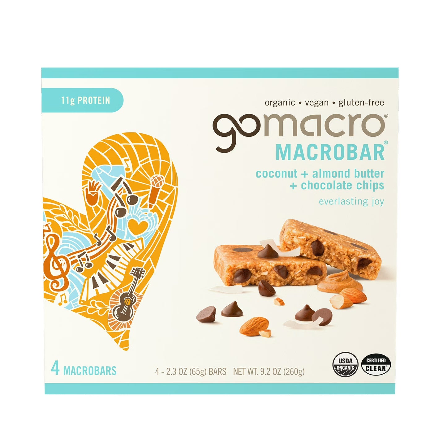 GoMacro MacroBar Organic Vegan Protein Bars - Coconut + Almond Butter + Chocolate Chips 11 grams (4 Count)