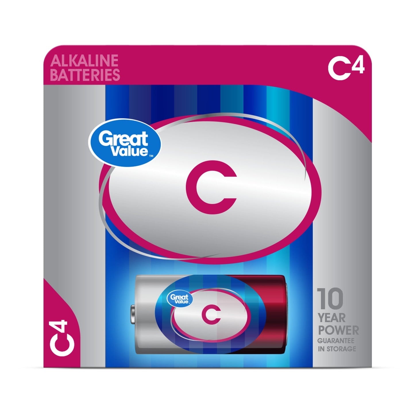 Great Value Alkaline C Batteries, 4 Count (Plastic Free Packaging)
