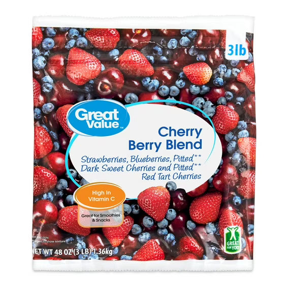 Great Value Cherry Berry Blend, 48 oz (Frozen) in Resealable Bag, Traces of Milk