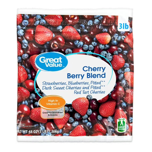 Great Value Cherry Berry Blend, 48 oz (Frozen) in Resealable Bag, Traces of Milk