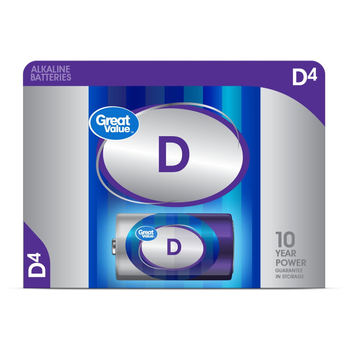 Great Value Alkaline D Batteries, 4 Count (Plastic Free Packaging)