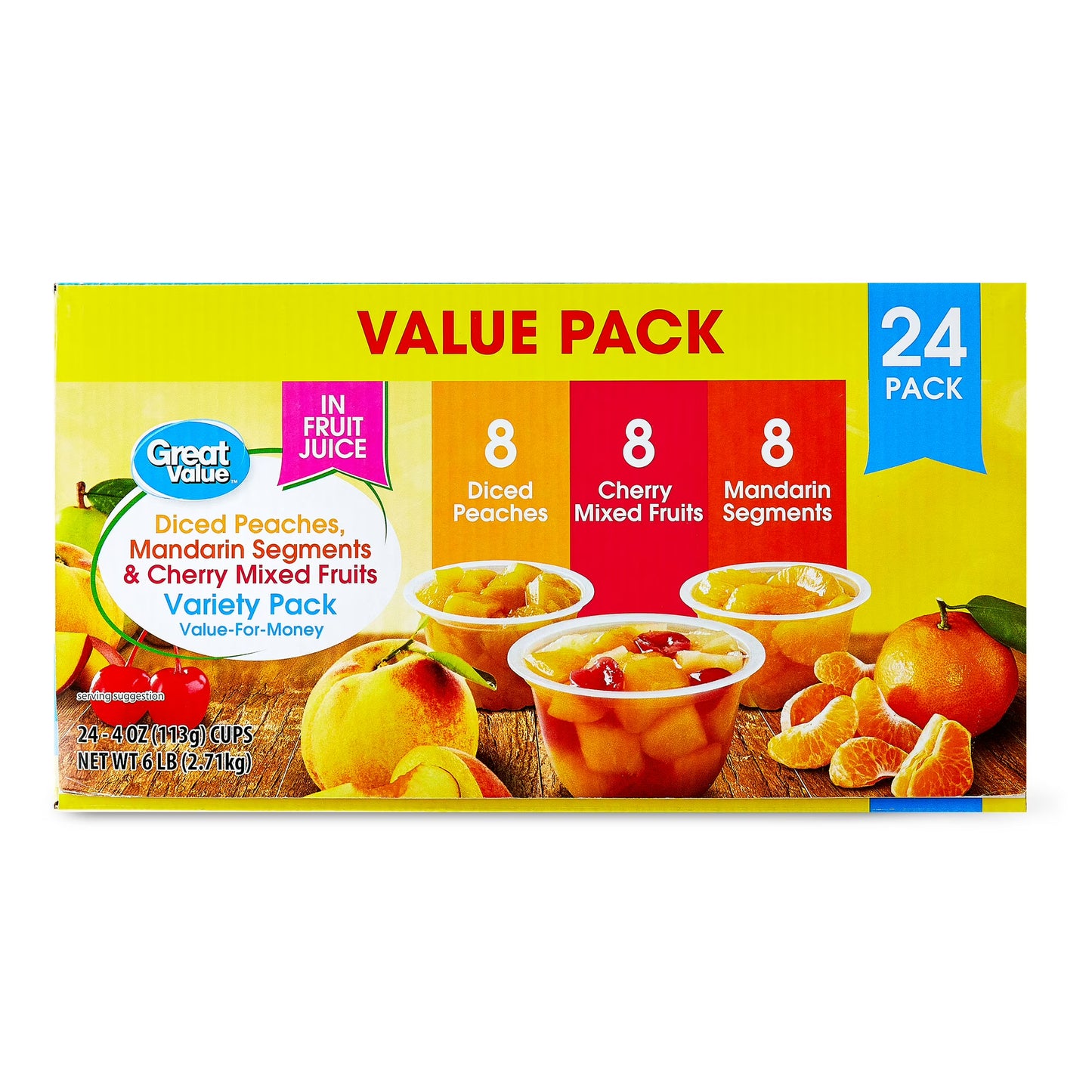 Great Value Diced Peaches, Mandarin Segments & Cherry Mixed Fruits Variety Pack, 4 oz, 24 Count