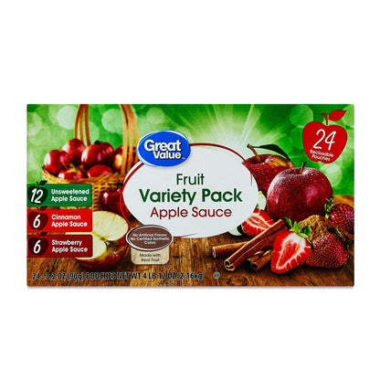Great Value Fruit Variety Pack Applesauce, 3.2 oz, 24 Pouches