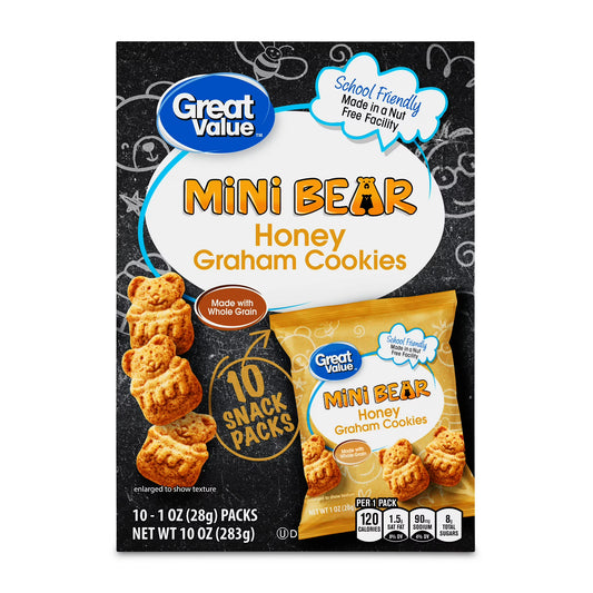 (3 pack) Great Value Mini Bear Honey Graham Cookies, 1 oz, 10 Snack Packs