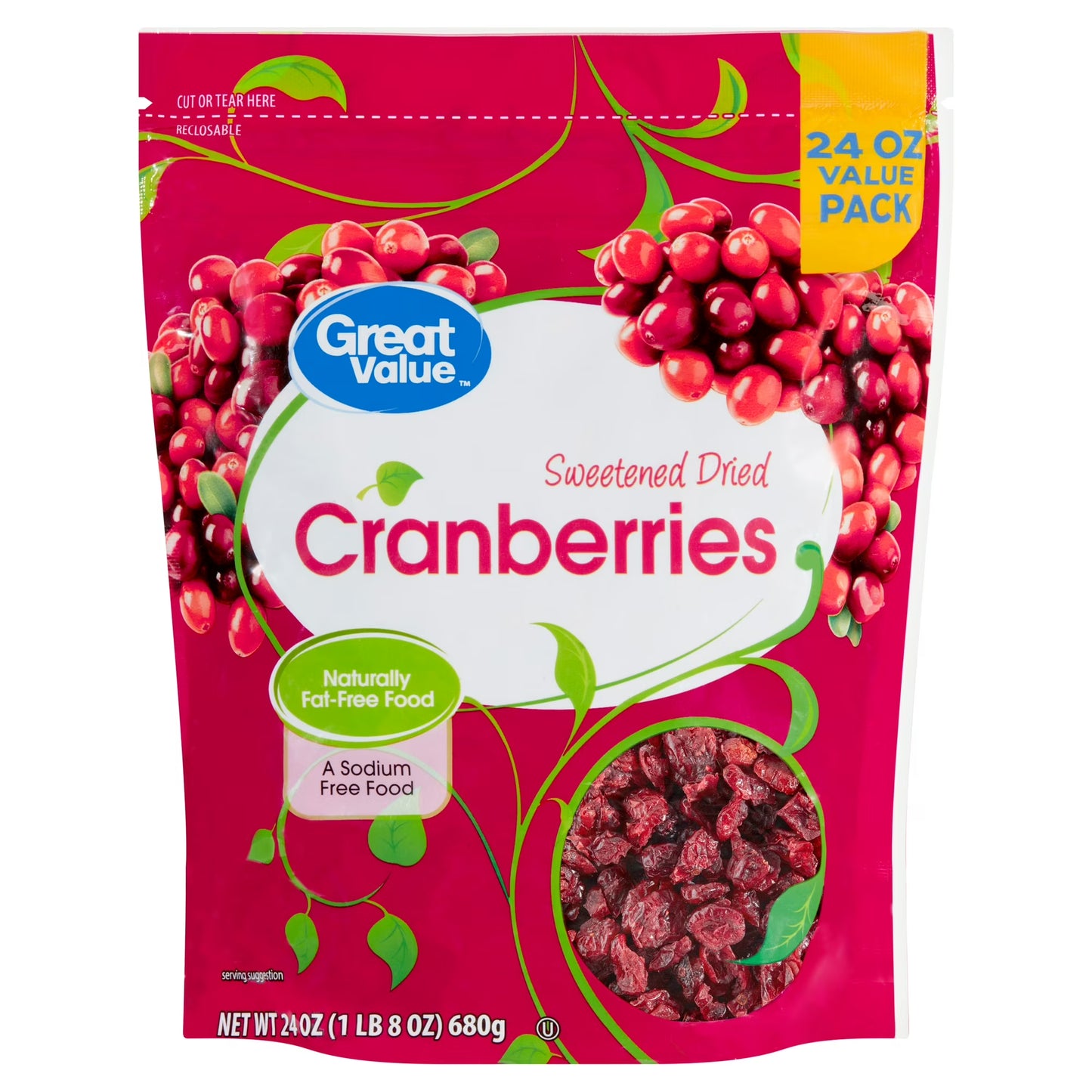 (2 pack) Great Value Sweetened Dried Cranberries, 24 oz