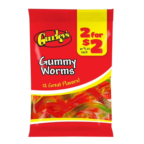 Gurley's Classic Gummi Worms, Multi-Flavored, Soft Chewy Candy (Pack of 12)