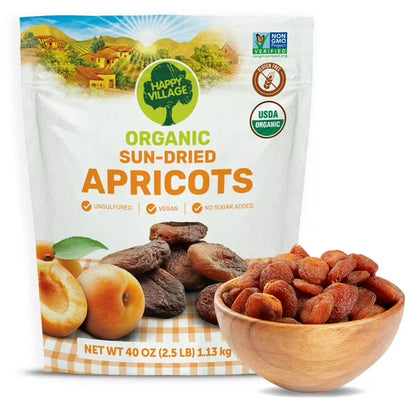Happy Village Organic Turkish Sun-Dried Apricots, 20 OZ Resealable Bag, No Added Sugar Dried Fruit, USDA Organic, Non-GMO, Kosher, Vegan, Unsulfured, High in Fiber