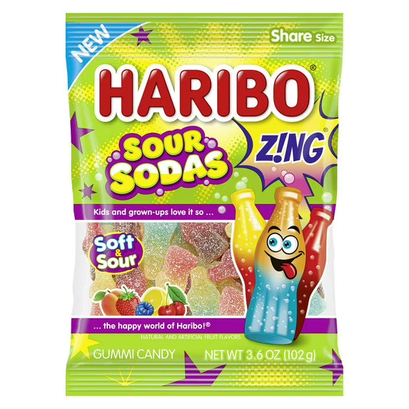 Haribo Sour Soda Gummies Original Assorted Sour Gummy Candy, 3.6 oz Bag