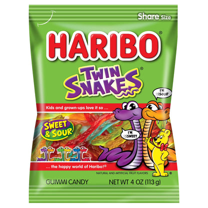 HARIBO Twin Snakes Gummies Original Sweet and Sour Assorted Fruit Flavor Gummy Candy, 4 oz, Share Size Peg Bag