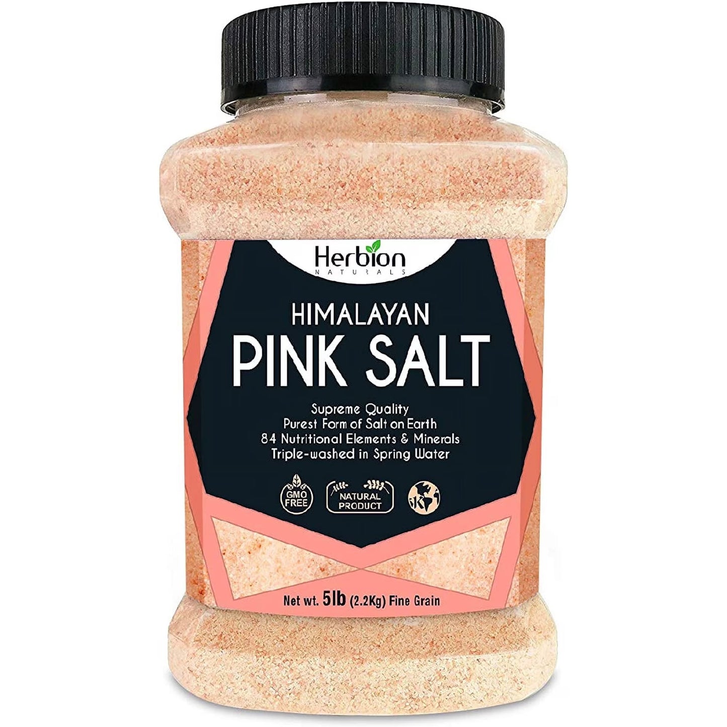 Herbion Himalayan Pink Salt, Fine Grain, 5 lb (2.2 Kg) Jar, All-Natural, Vegan, Kosher Certified, Triple-Washed
