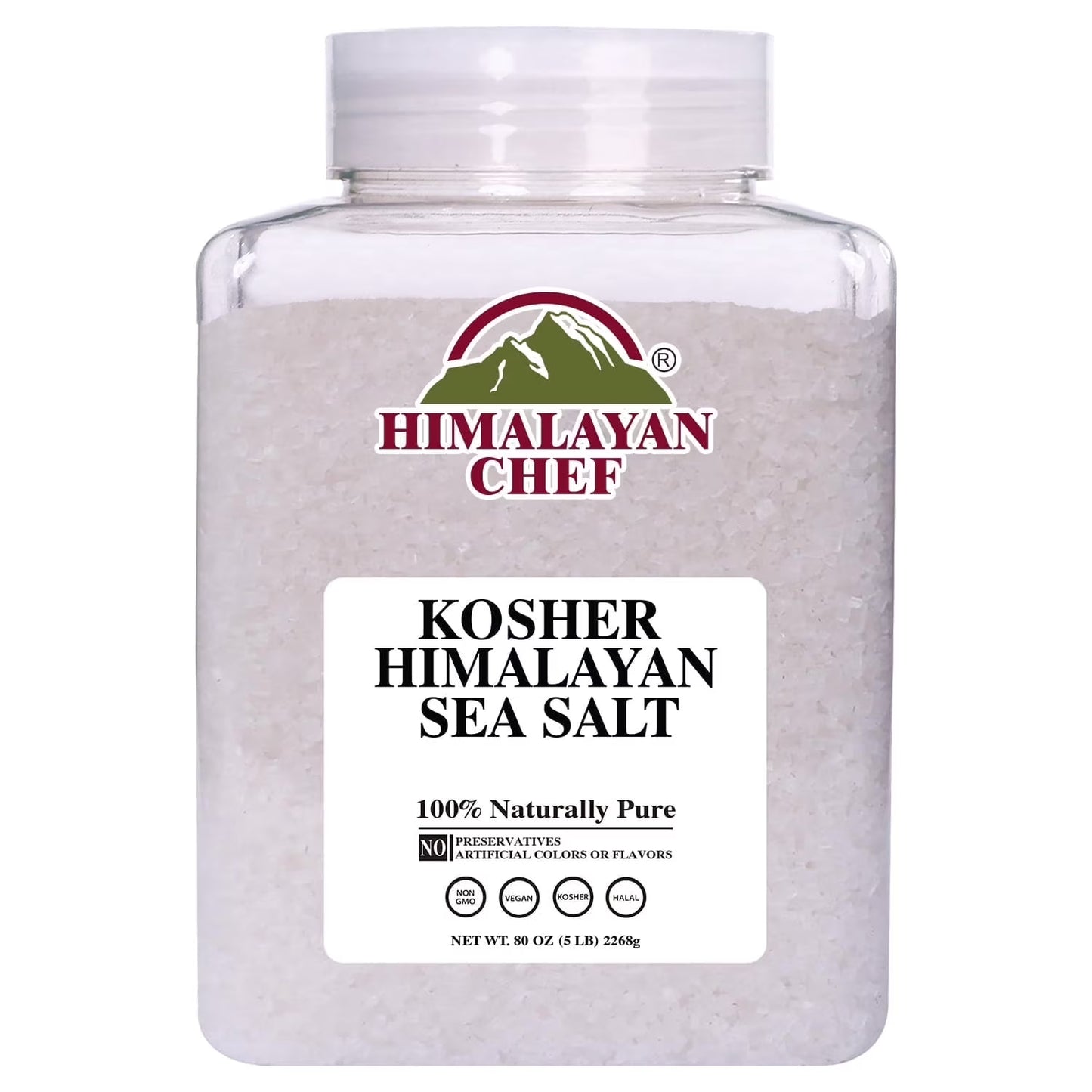 Himalayan Chef Kosher Sea Salt – Full Flavor, No Additives, unrefined and Less Sodium - Natural and Organic - 5 Pound Plastic Jar, Kosher & Non GMO Certified