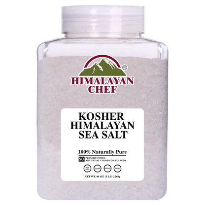 Himalayan Chef Kosher Sea Salt – Full Flavor, No Additives, unrefined and Less Sodium - Natural and Organic - 5 Pound Plastic Jar, Kosher & Non GMO Certified