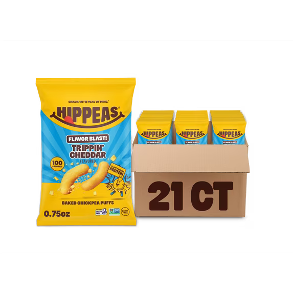 HIPPEAS Chickpea Puffs, Flavor Blast Trippin' Cheddar, Dairy Free, 3g Protein, 0.75 oz, 21 Pack