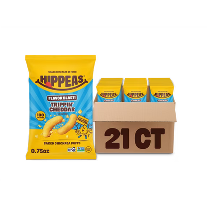 HIPPEAS Chickpea Puffs, Flavor Blast Trippin' Cheddar, Dairy Free, 3g Protein, 0.75 oz, 21 Pack