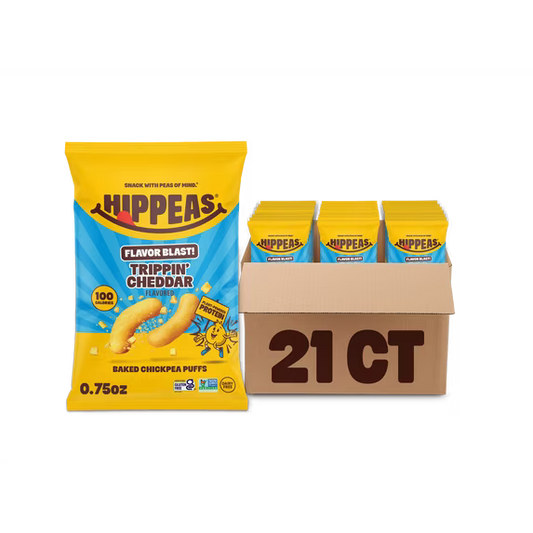 HIPPEAS Chickpea Puffs, Flavor Blast Trippin' Cheddar, Dairy Free, 3g Protein, 0.75 oz, 21 Pack