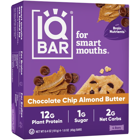 IQBAR Chocolate Chip Almond Butter Protein Bars - Vegan Energy Bars - High-Fiber Vegan Snacks - 4 Count Box