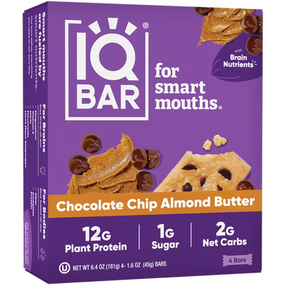 IQBAR Chocolate Chip Almond Butter Protein Bars - Vegan Energy Bars - High-Fiber Vegan Snacks - 4 Count Box