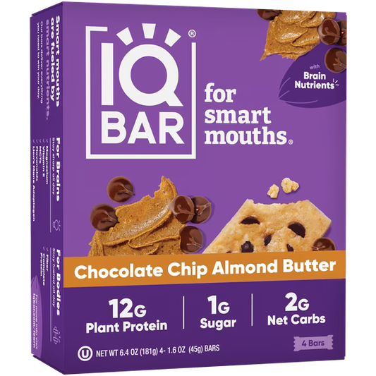 IQBAR Chocolate Chip Almond Butter Protein Bars - Vegan Energy Bars - High-Fiber Vegan Snacks - 4 Count Box