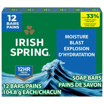 (4 pack) Irish Spring Moisture Blast Deodorant Bar Soap for Men, 3.7 oz Bar (12 Pack)