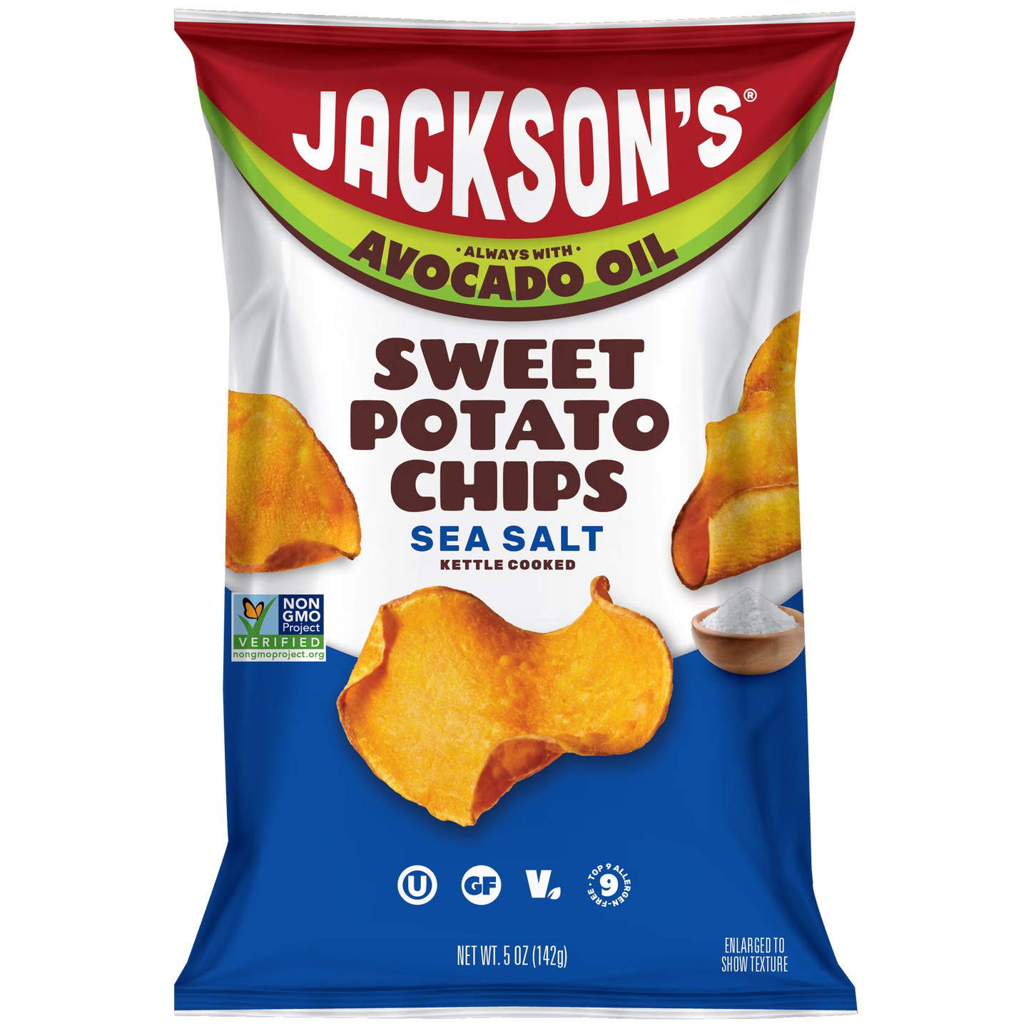 Jackson's Sweet Potato Kettle Chips with Sea Salt, Avocado Oil, Free of Top 9 Allergens, 5 oz