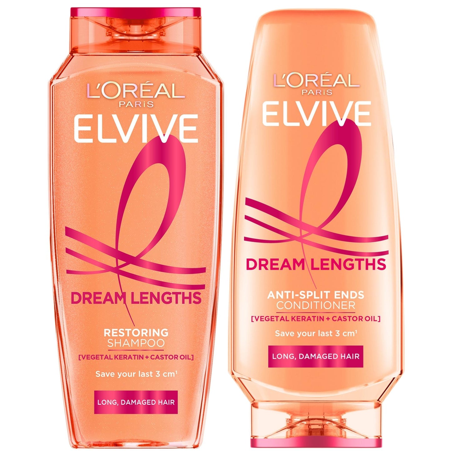 L'Oreal Paris Elvive Dream Lengths Restoring Shampoo and Detangler Conditioner Set with Castor Oil, 28 fl oz