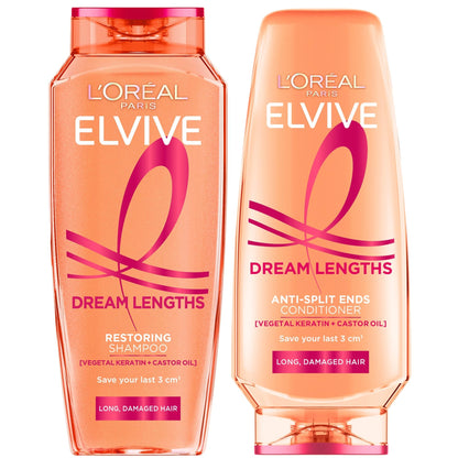 L'Oreal Paris Elvive Dream Lengths Restoring Shampoo and Detangler Conditioner Set with Castor Oil, 28 fl oz