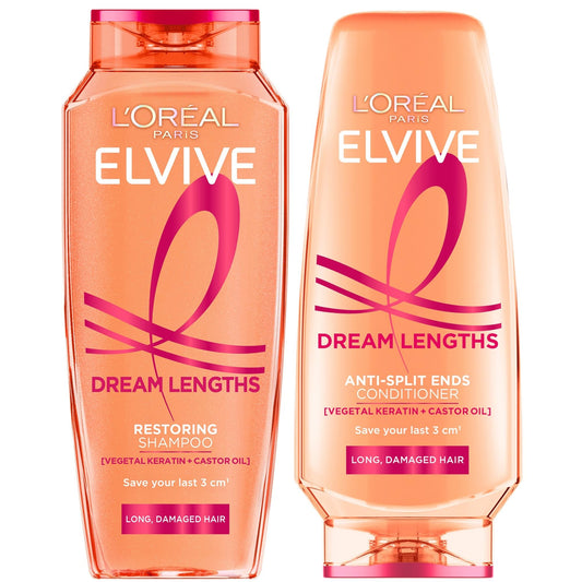 L'Oreal Paris Elvive Dream Lengths Restoring Shampoo and Detangler Conditioner Set with Castor Oil, 28 fl oz