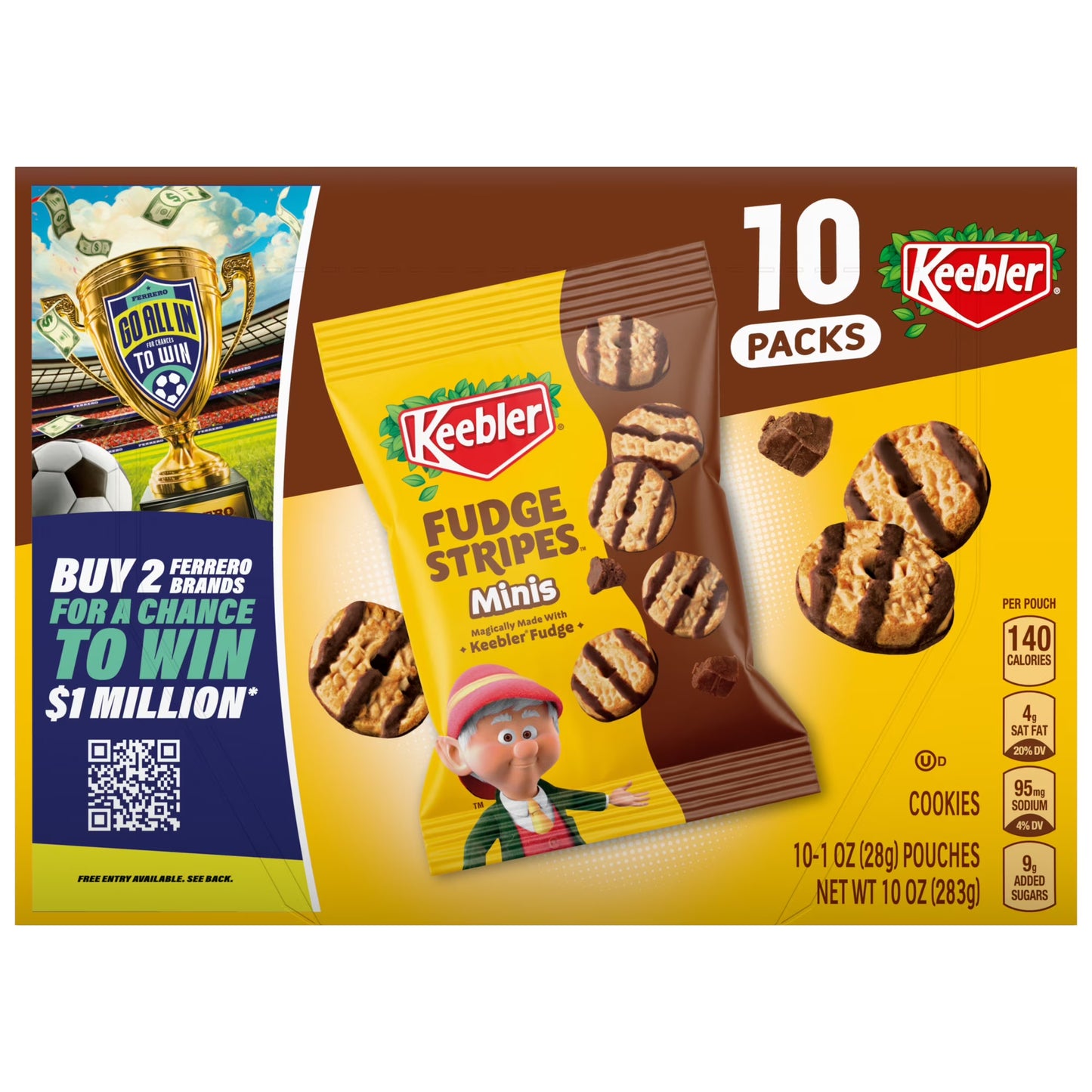 Keebler Fudge Stripes Minis, Original Shortbread Cookies Coated in Keebler Fudge, 10 oz, 10 Count