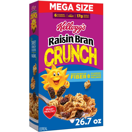 Kellogg's Raisin Bran Crunch Breakfast Cereal, Good Source of Fiber, Mega Size, 26.7 oz