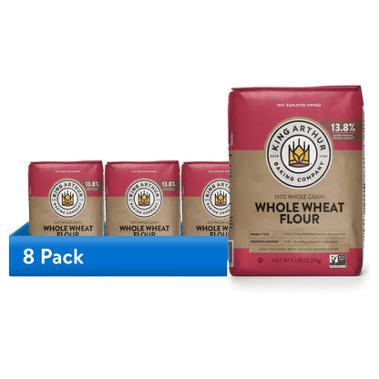 (8 pack) King Arthur Baking Company Non-GMO Project Verified, Certified Kosher 100% Whole Grain Whole Wheat Flour, 5 lb Bag