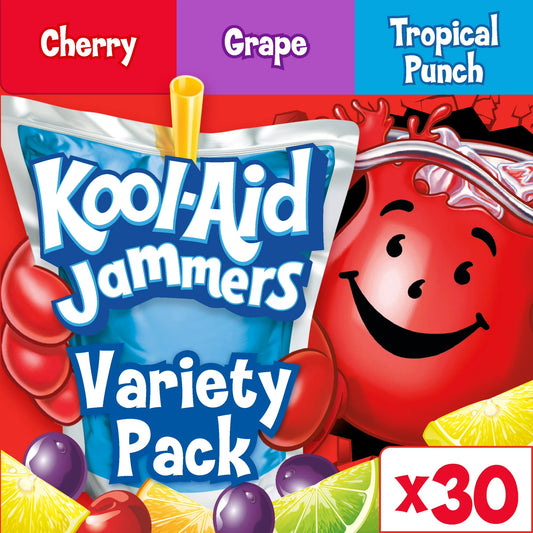 Kool-Aid Jammers Drink, 30 Pouches, for School Lunches and On-the-Go Hydration, Artificially Flavored Tropical Punch, Grape and Cherry Flavors, 6 fl oz