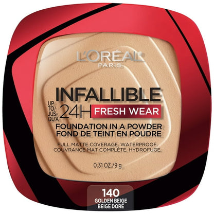 (2 pack) L'Oreal Paris Infallible Fresh Wear 24 Hr Powder Foundation Makeup, 140 Golden Beige, 1 fl oz