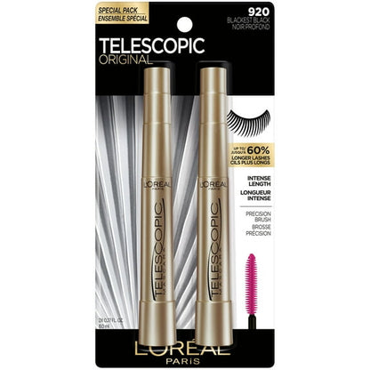 (2 pack) L'Oreal Paris Telescopic Original Washable Mascara, Blackest Black, 2 Pack