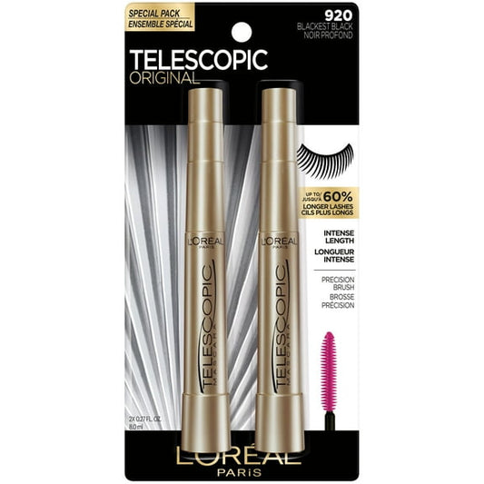 (2 pack) L'Oreal Paris Telescopic Original Washable Mascara, Blackest Black, 2 Pack