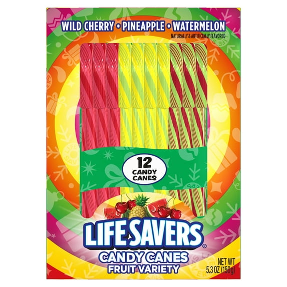 LIFE SAVERS Assorted Fruit Flavors Christmas Holiday Candy Canes Stocking Stuffers Individually Wrapped, 12 Count