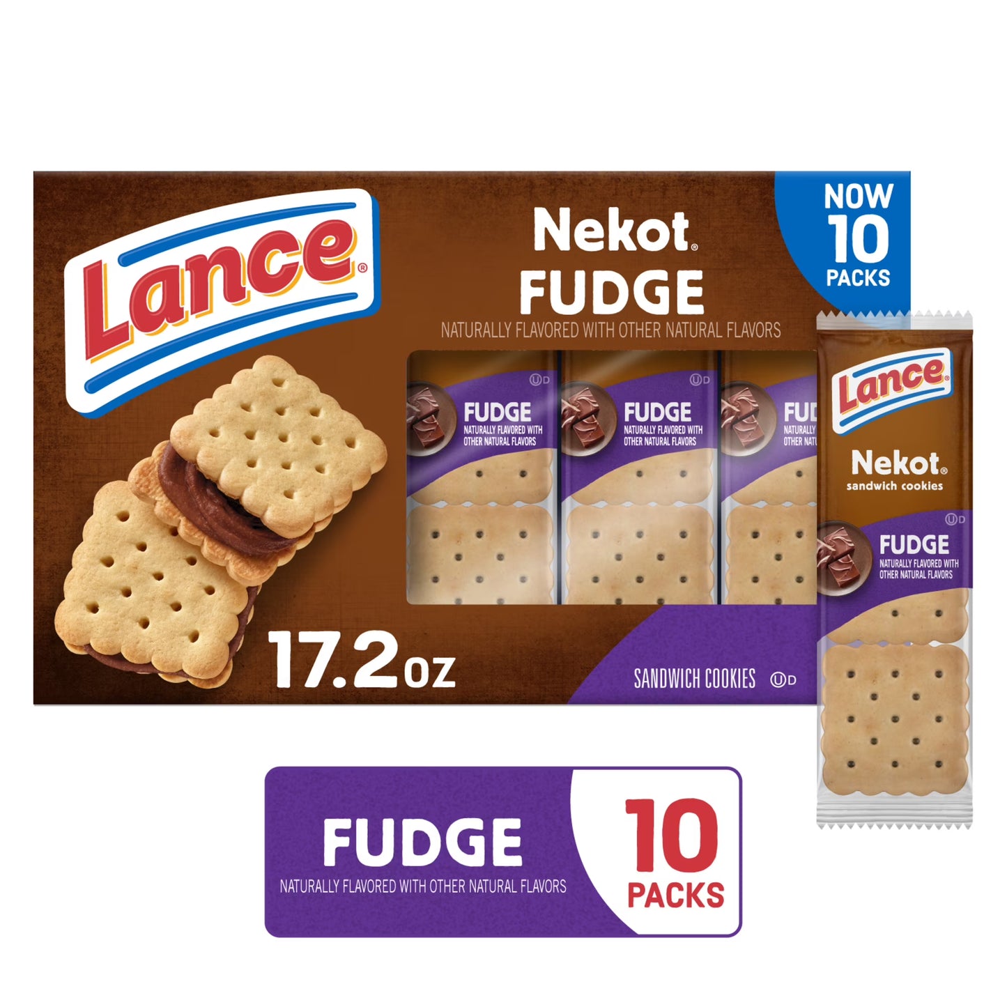 Lance Sandwich Cookies, Nekot Fudge, 10 Individually Wrapped Packs, 6 Sandwiches Each