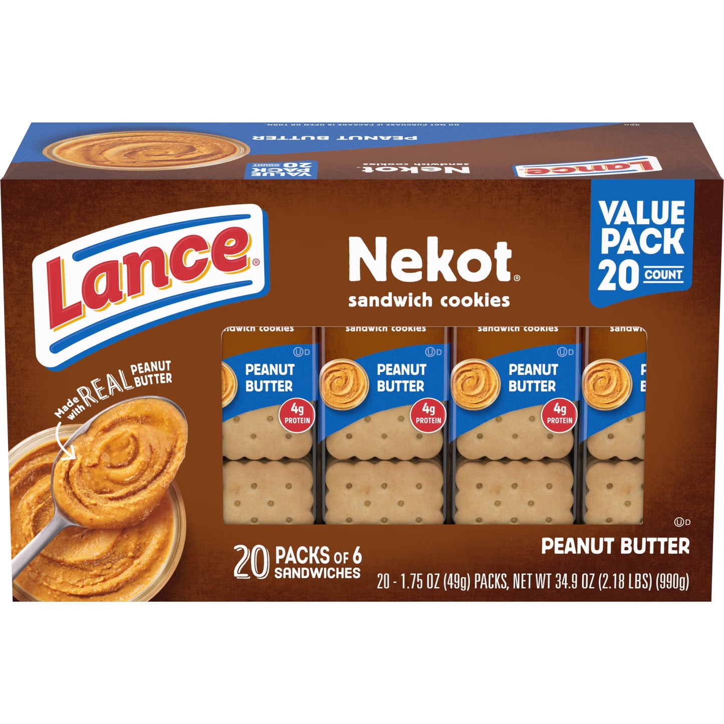 Lance Sandwich Cookies, Nekot Peanut Butter, 20 Individually Wrapped Packs, 6 Sandwiches Each