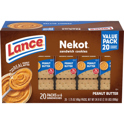Lance Sandwich Cookies, Nekot Peanut Butter, 20 Individually Wrapped Packs, 6 Sandwiches Each