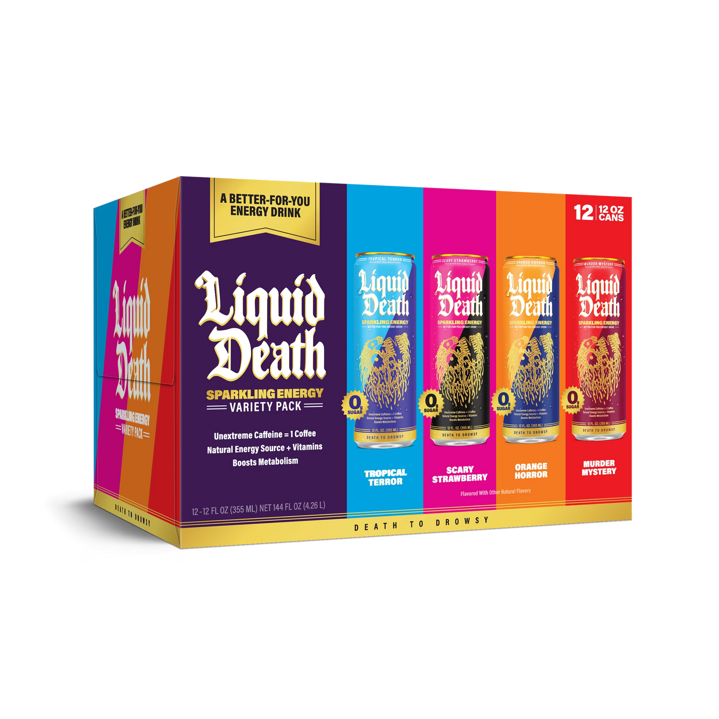 Liquid Death Sparkling Energy Variety Pack, Zero Sugar Energy Drink, Unextreme Caffeine 100mg, Essential Vitamins, 4 Flavors: Strawberry, Tropical, Orange, and Murder Mystery, 12 fl oz (Pack of 12)