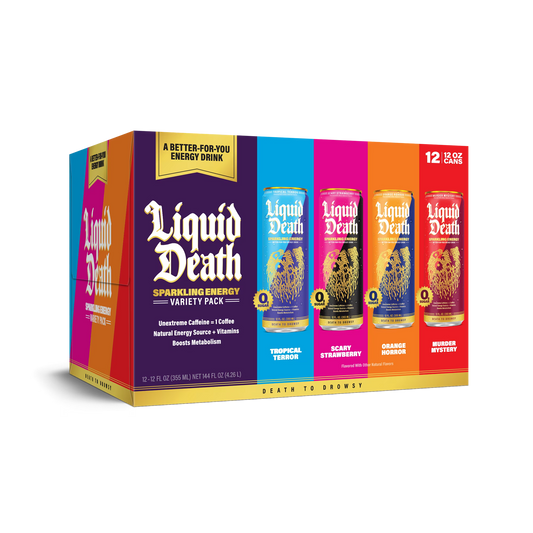 Liquid Death Sparkling Energy Variety Pack, Zero Sugar Energy Drink, Unextreme Caffeine 100mg, Essential Vitamins, 4 Flavors: Strawberry, Tropical, Orange, and Murder Mystery, 12 fl oz (Pack of 12)