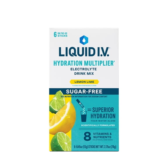 (4 pack) Liquid I.V. Lemon Lime Hydration Multiplier Sugar-Free Electrolyte Powder Drink Mix, 6 Count Packets