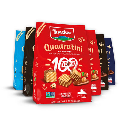 Loacker Quadratini Variety Pack Wafer Cookies, Mix of Hazelnut/Dark Chocolate/Vanilla/Chocolate, Pack of 6