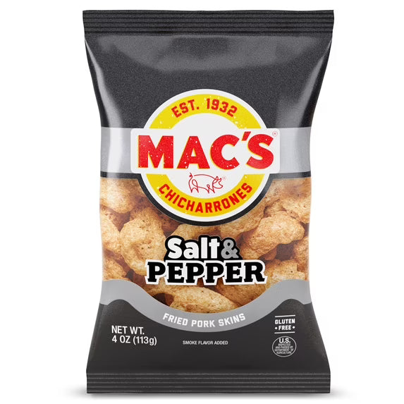 Mac's Salt and Pepper Chicharrones Pork Rinds, Pork Skins, 4 oz Bag