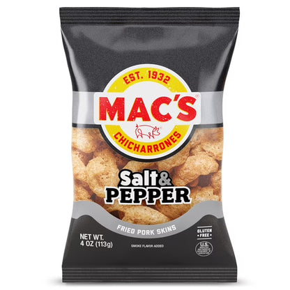 Mac's Salt and Pepper Chicharrones Pork Rinds, Pork Skins, 4 oz Bag