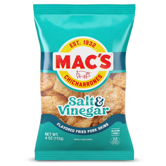 Mac's Salt and Vinegar Chicharrones Pork Rinds, Pork Skins, 4 oz Bag