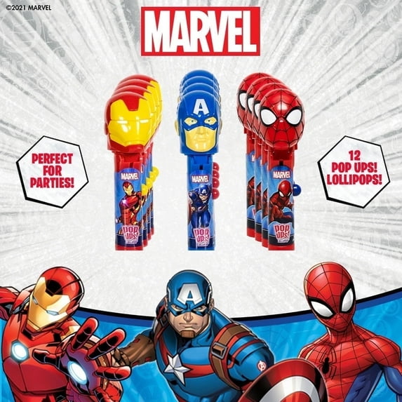 Marvel Lollipop Holders Collectable Marvel Characters Lollipop Case | Party Favors, Stocking Stuffers, Goodie Bags, Piñata Candy, Game Prizes | Bulk Set of 12 | Lollipops Included