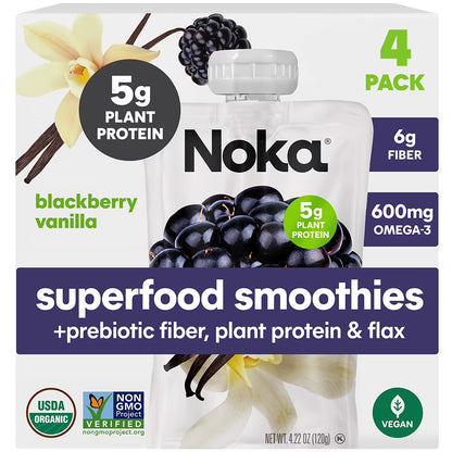 Noka Organic Superfood Smoothie Pouches, Plant Protein, Blackberry Vanilla, 4.22oz, 4 Pack